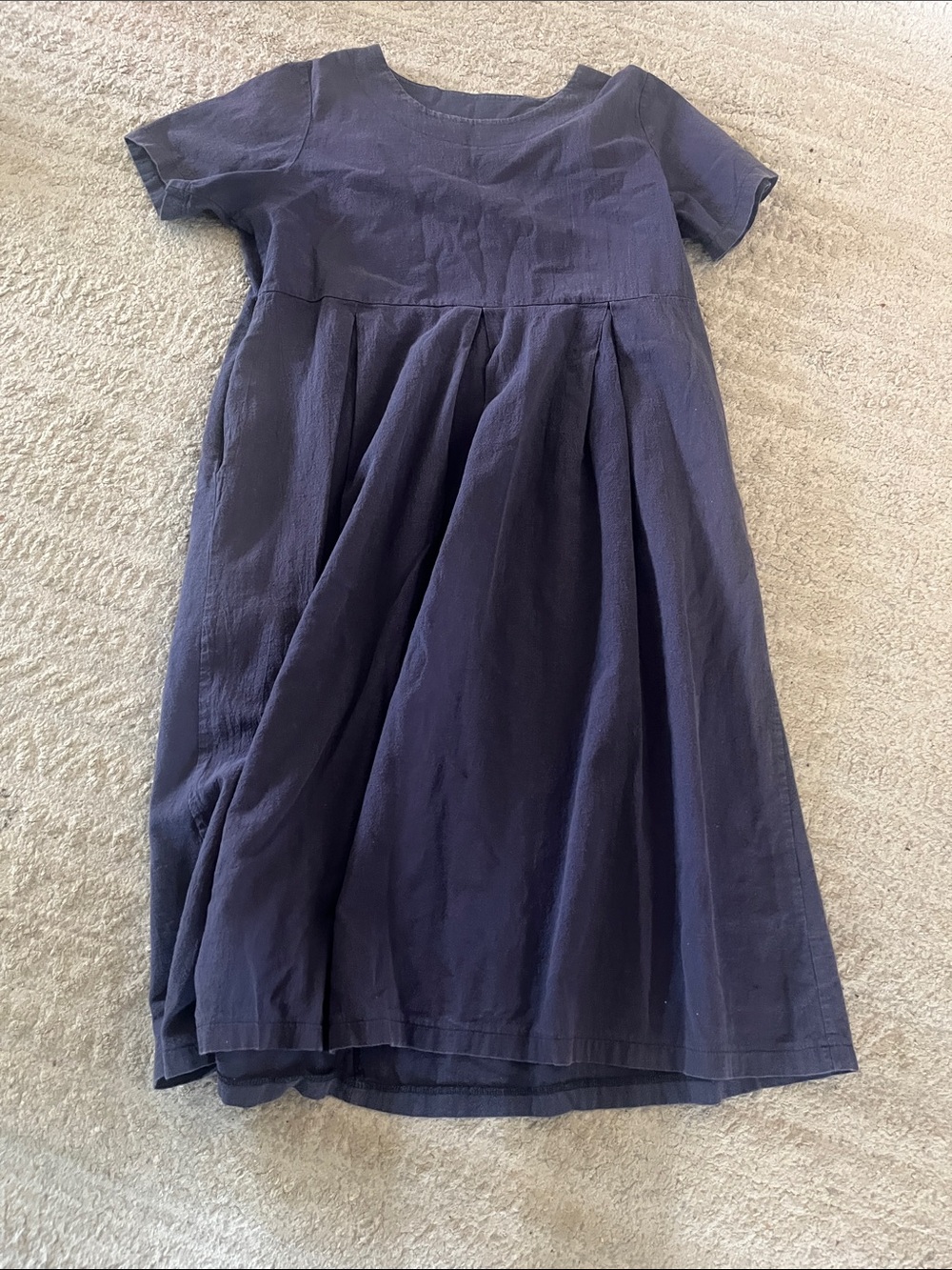 Cotton Linen Blend Navy Short-Sleeve Crew Neck Pleated Dress with Pockets Medium